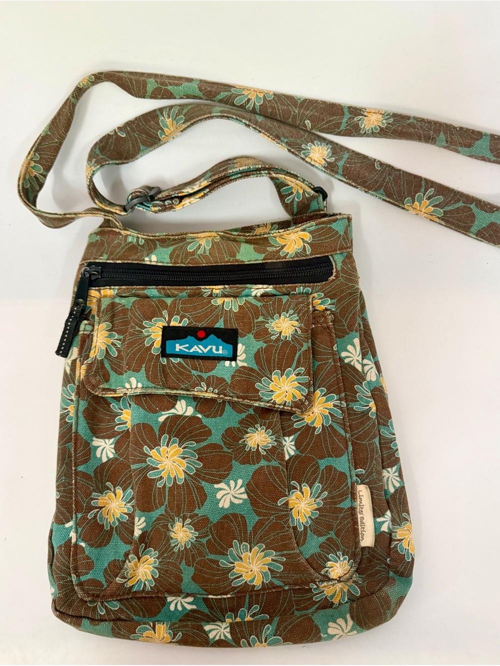 KAVU Crossbody Bag Limited Edition Womens Brown Teal Floral Keeper Canvas Sling